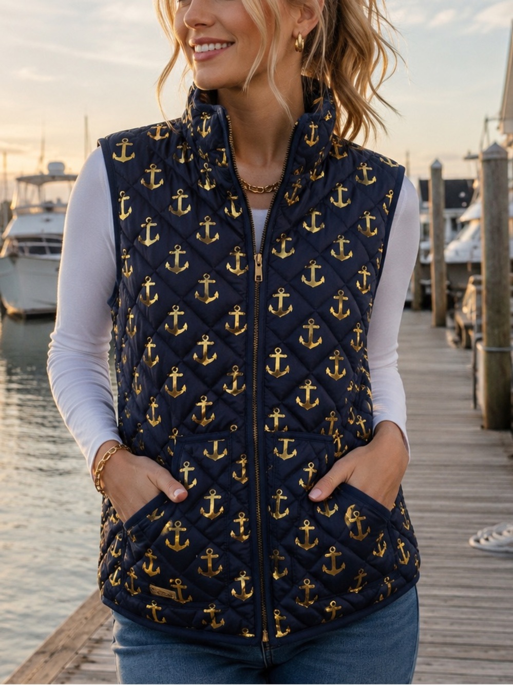 Simply Southern Navy Gold Anchor Quilted Puffer Vest Women’s Small Nautical Prep